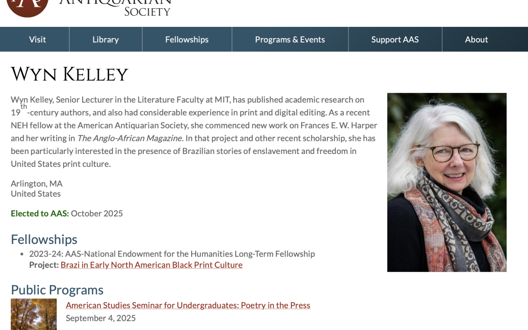 Congratulations! Lit@MIT’s Senior Lecturer Emerita, Wyn Kelley, elected a member of the American Antiquarian Society!